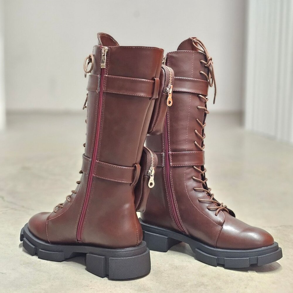 Lace-Up Wine Combat Boots With Detachable Utility Pouches & Side Zippers For Wom - Picture 5 of 12